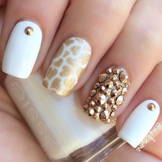 women's white and gold nails