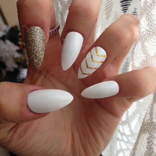 women's white and gold nails